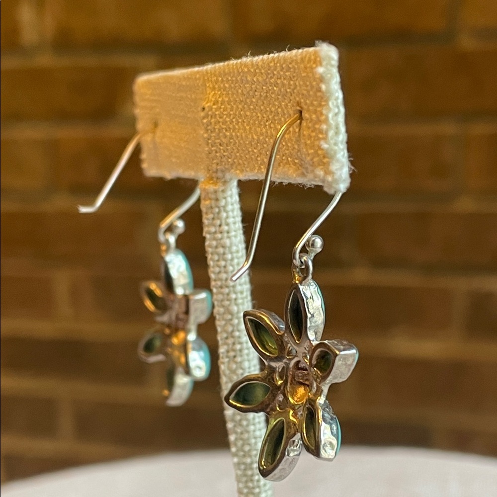 Sterling Silver .925 Vintage Turquoise Organic Flower Hook Dangle Drop Earrings - Picture 6 of 8